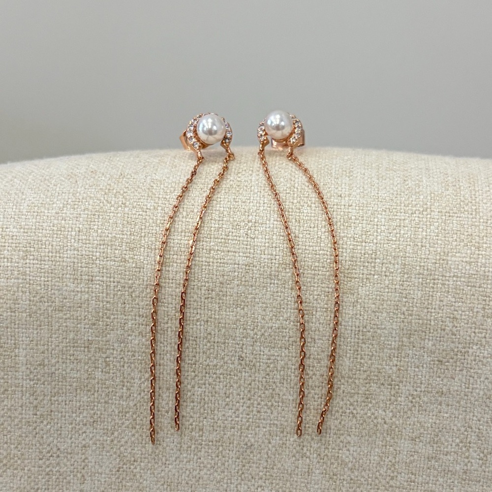 Women’s Rose Gold Pearl Long Threader Drop Earrings Dainty Minimalist